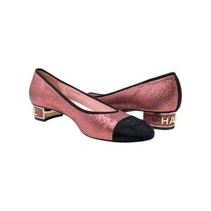 Chanel Ballet Block Heel Pumps Pink Glitter Grosgrain Cap Toe CC Logo 37.5 | 7
